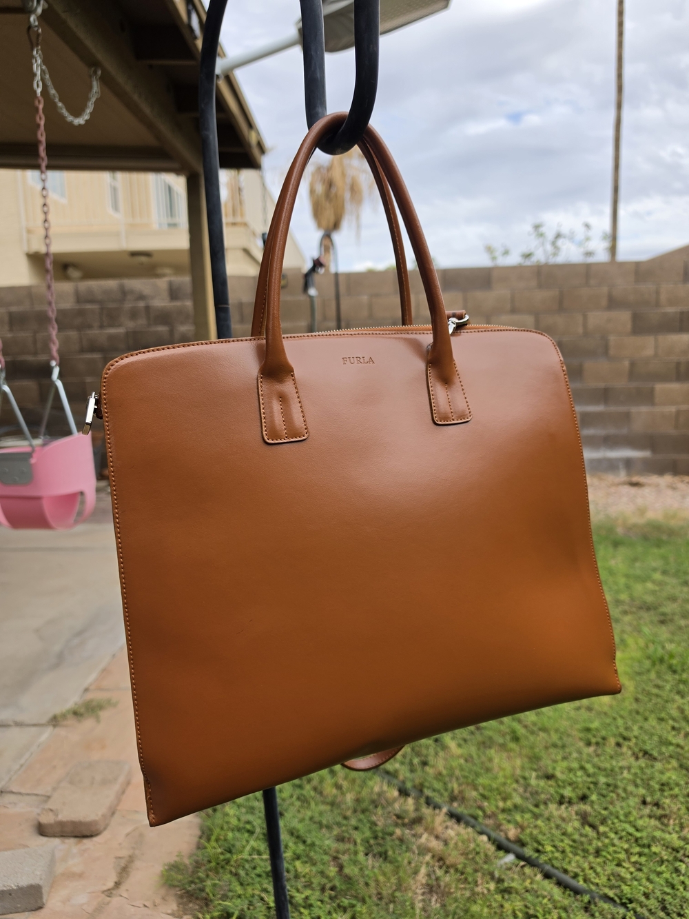 FURLA Leather Business Bag Camel Gold Women's Tote Excellent Condition